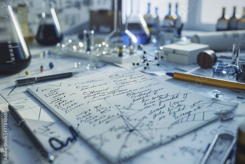 A realistic close-up of a physicist's hand-written notes containing equations and diagrams related to quantum mechanics, spread out on a laboratory desk.