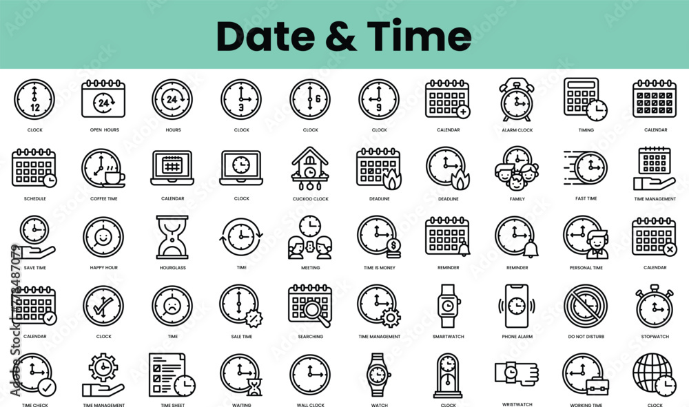 Set of date and time icons. Linear style icon bundle. Vector Illustration