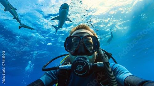 Underwater selfie with scuba diver and sharks in the ocean. Adventure and marine life exploration concept. Close-up view with a clear blue underwater background
