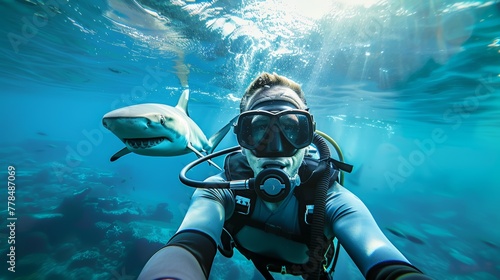 Underwater view of scuba diver taking a selfie with a great white shark. Exciting ocean exploration and shark encounter concept with clear visibility in tropical waters