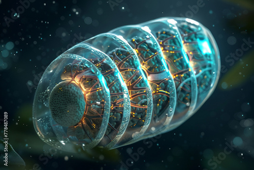 A realistic model of a mitochondrion with a double membrane and cristae, displayed against a dark background to emphasize the energy powerhouse of the cell. photo