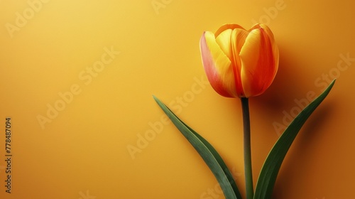Vibrant Orange and Yellow Tulip Against Yellow Wall