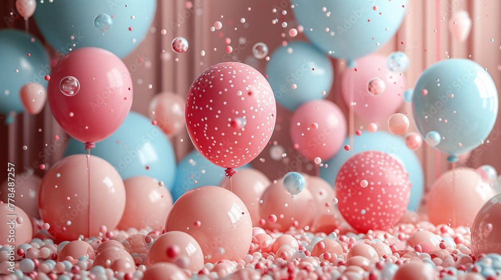 Floating balloons with polka dots and pink and blue colors amidst a sea of small pink and blue balls with bubbles around Floating balloons with polka dots and pink and blue colors amidst a sea of small pink and blue balls with bubbles around