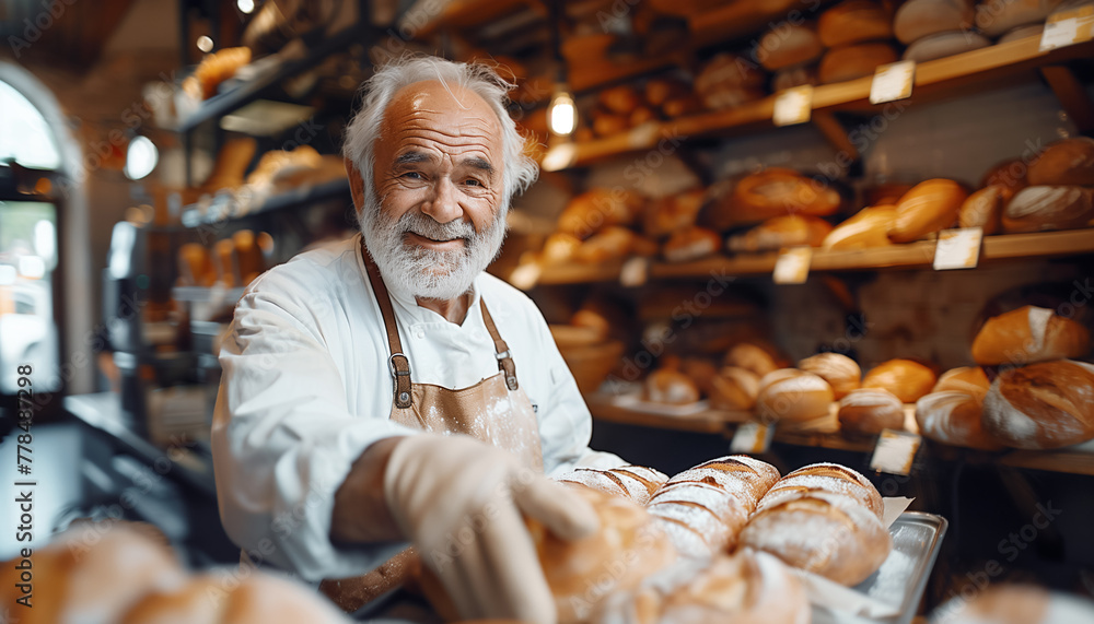 Elderly baker smiles as he arranges freshly baked bread in bakery. The warm glow of bakery showcases variety of bread on display. This skilled artisan brings joy to customers with delicious creations.