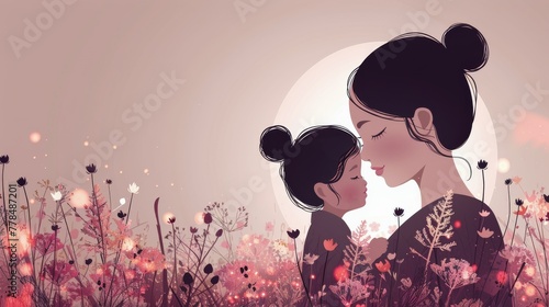 Woman and Child Standing in Field of Flowers