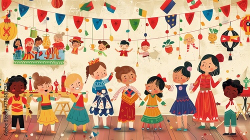 Children in costumes celebrating cultural diversity at a party. Illustration of global cultures and unity concept for educational material and social diversity themes