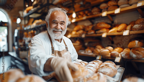 Elderly baker smiles as he arranges freshly baked bread in bakery. The warm glow of bakery showcases variety of bread on display. This skilled artisan brings joy to customers with delicious creations.