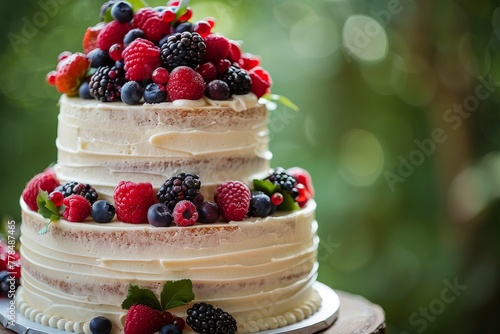 Three Tiered Cake With Berries and Berries on Top