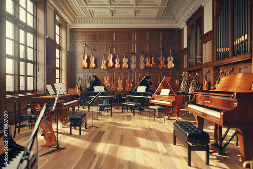 A school music room with various musical instruments, including pianos, guitars, and violins, neatly arranged and waiting for students.