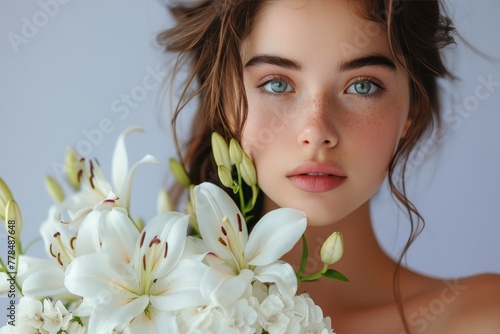 Woman Holding a Bunch of White Flowers