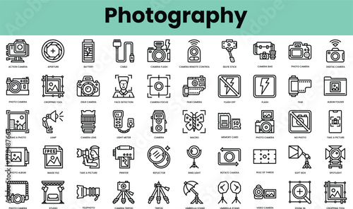 Set of photography icons. Linear style icon bundle. Vector Illustration