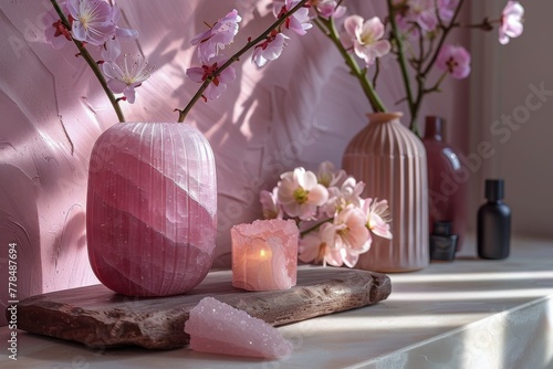 Pink Vase With Plant Among Other Vases