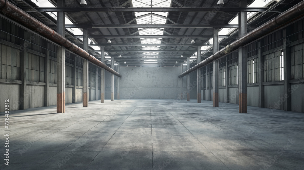 A large empty warehouse with tall windows lining the upper walls. Sunlight streams through the windows A large empty warehouse with tall windows lining the upper walls. Sunlight streams through the windows