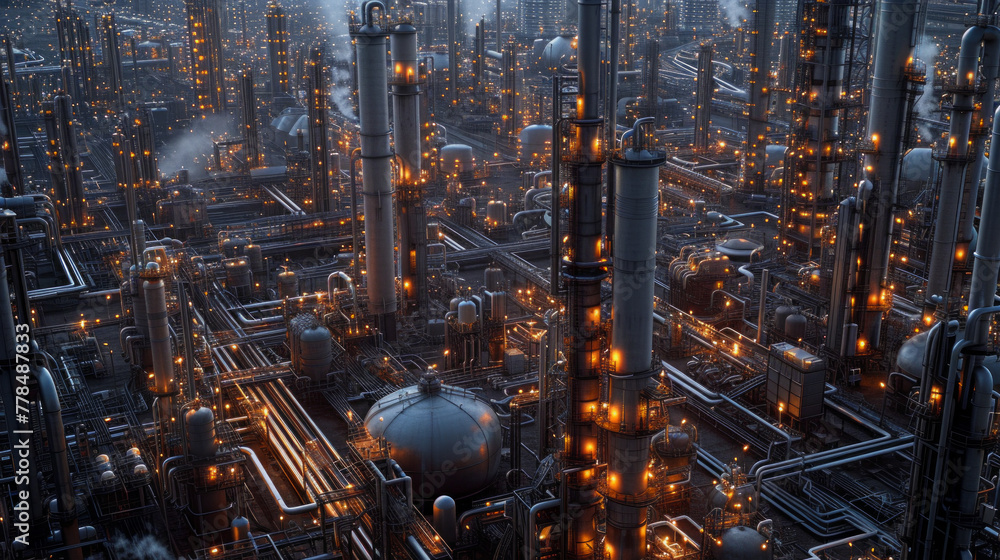 A massive oil refinery with towering tanks and pipelines, currently at rest but capable of refining crude oil into various petroleum products