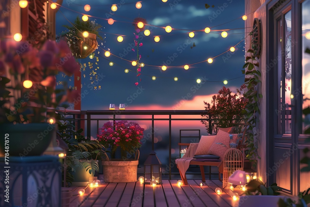 Cozy outdoor terrace with string lights at autumn evening, beautiful house roof deck, digital illustration