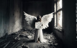 A girl angel in a destroyed room, holding a piece of paper in front of her with stop the war written on it. AI, Generation