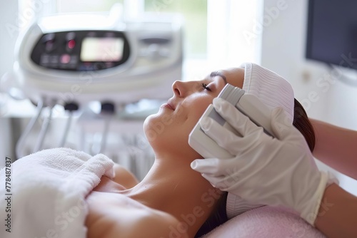 Woman receiving radio frequency skin tightening treatment in beauty clinic, high angle view