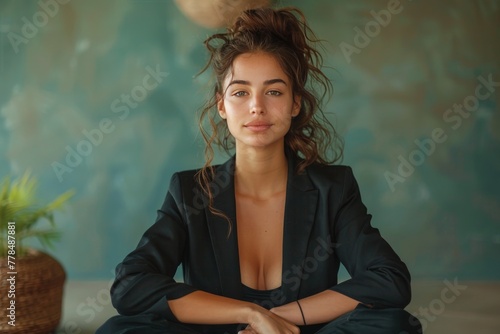 Woman Sitting on Table With Potted Plant