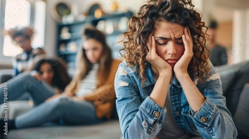 Stressed young woman with friends in the background. Social pressure and anxiety concept. Suitable for mental health and social issues content photo