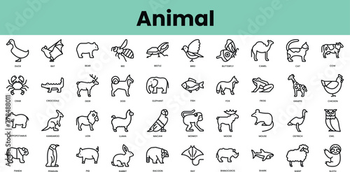 Set of animal icons. Linear style icon bundle. Vector Illustration