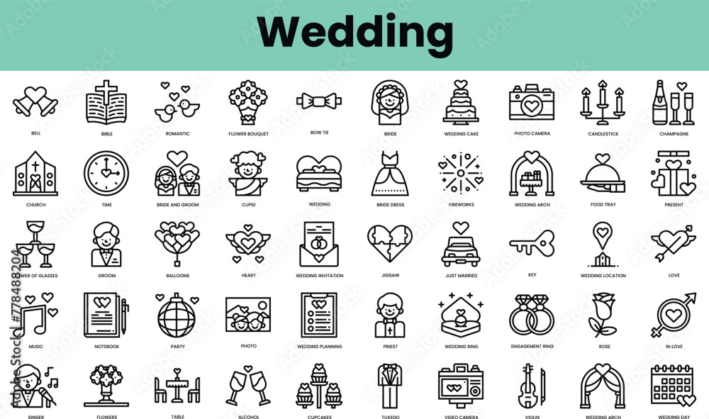 Set of wedding icons. Linear style icon bundle. Vector Illustration