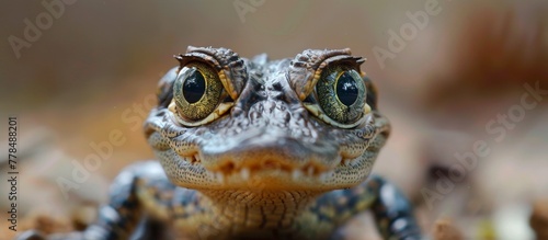 A close-up photo of a reptile showcasing its captivating big eyes and textured skin under natural lighting