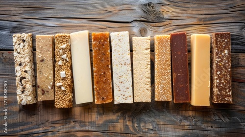 Assorted energy bars lined up on a rustic wood backdrop. Nutritious snack selection concept.