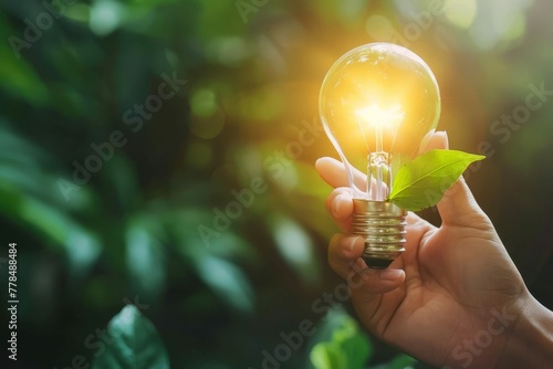 Human hand holding light bulb with plant sprout inside, green energy and sustainability concept illustration