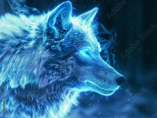 Close-up of a wolf's muzzle in grid style. Polygonal computer-generated image. Animal with face recognition grid. Illustration for cover, card, interior design, poster, brochure or presentation.