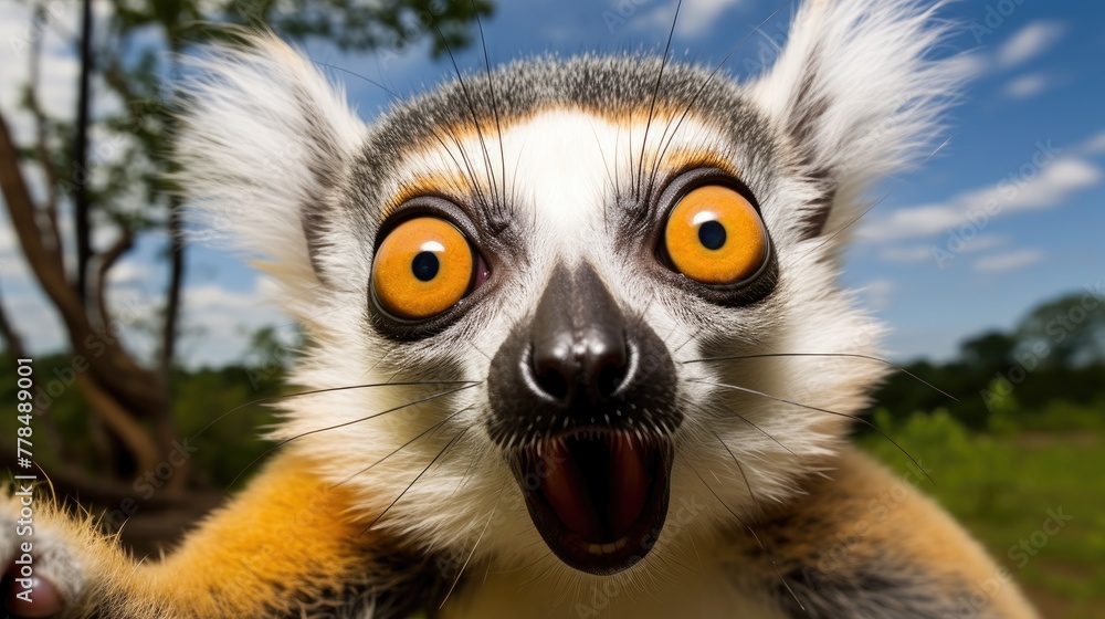 Naklejka premium Close-up of a funny lemur looking at the camera. The animal in its natural environment. Natural background. Illustration for cover, postcard, interior design, banner, brochure, etc.