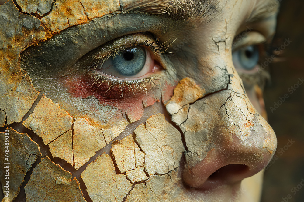 Close-up of woman's face with cracks of a ground surface, dryness concept