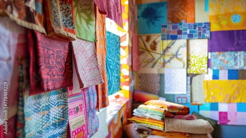 Colorful fabric pieces and artful patchwork in a bright, artistic workspace