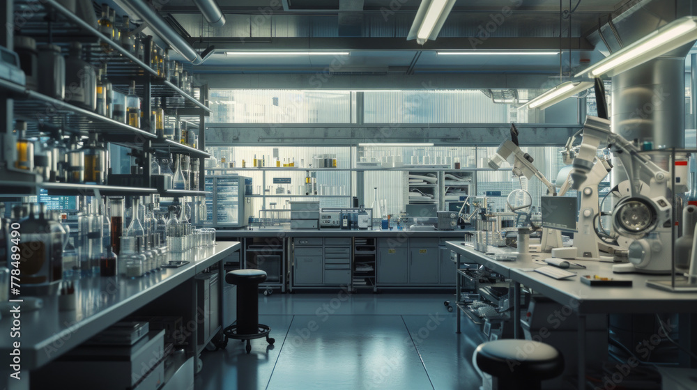 A pharmaceutical research laboratory with advanced equipment and lab benches, patiently waiting for scientists to resume their investigations