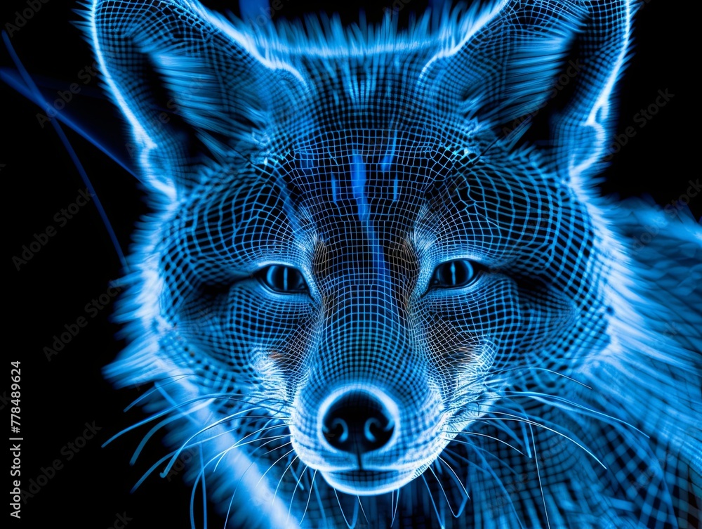 Fototapeta premium Close-up of a fox's muzzle in grid style. Polygonal computerized image of the beast. Facial recognition grid on a live subject. Illustration for cover, card, postcard, poster, brochure or presentation