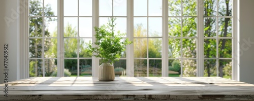 Sunlit wooden table with a potted plant on a window background. Inviting indoor space with natural elements for peaceful living or product presentation