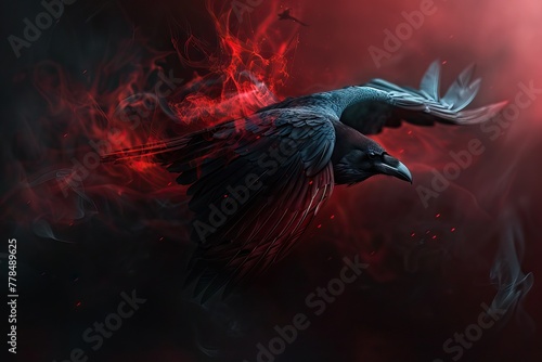 A raven flying in the dark, smoke and red light coming out of its wings. AI generated illustration photo