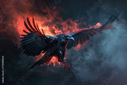 A raven flying in the dark, smoke and red light coming out of its wings. AI generated illustration photo