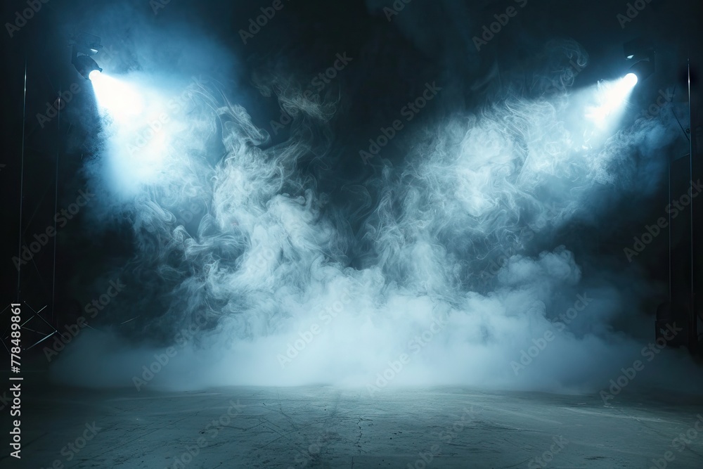 Spot light interior. Realistic directed light streams, illuminated fog, theatre scene or concert club searchlights beams, cold temperature rays. AI generated illustration - obrazy, fototapety, plakaty 