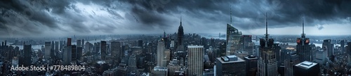 panoramic photo of an ominous city skyline, dark storm clouds overhead, skyscrapers towering over the urban landscape. AI generated illustration
