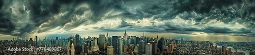 panoramic photo of an ominous city skyline  dark storm clouds overhead  skyscrapers towering over the urban landscape. AI generated illustration
