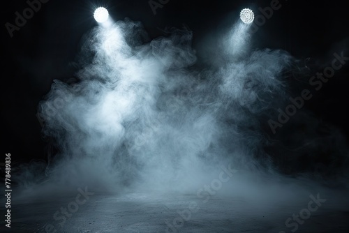 Spot light interior. Realistic directed light streams, illuminated fog, theatre scene or concert club searchlights beams, cold temperature rays. AI generated illustration photo