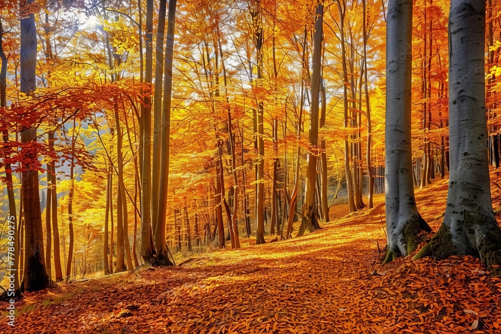 Vibrant Autumn Forest Landscape with Golden Foliage, Colorful Fall Season