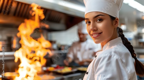 Fototapeta Naklejka Na Ścianę i Meble -  Flame-Grilled Flair - chef preparing food in restaurant - Chef with a bright smile in front of dramatic kitchen flames.