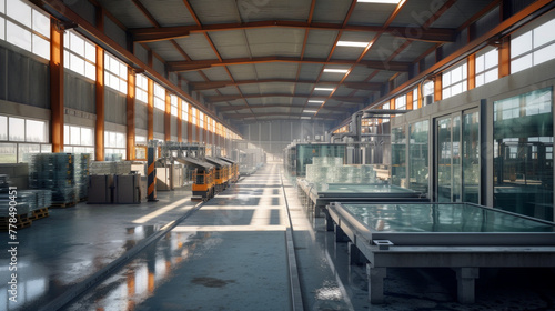 A glass manufacturing plant with furnaces and molds, temporarily at rest but ready to shape molten glass into various products