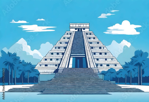 a vector illustration of a chichen itza pyramid surrounded by palm trees with clouds and bue sky