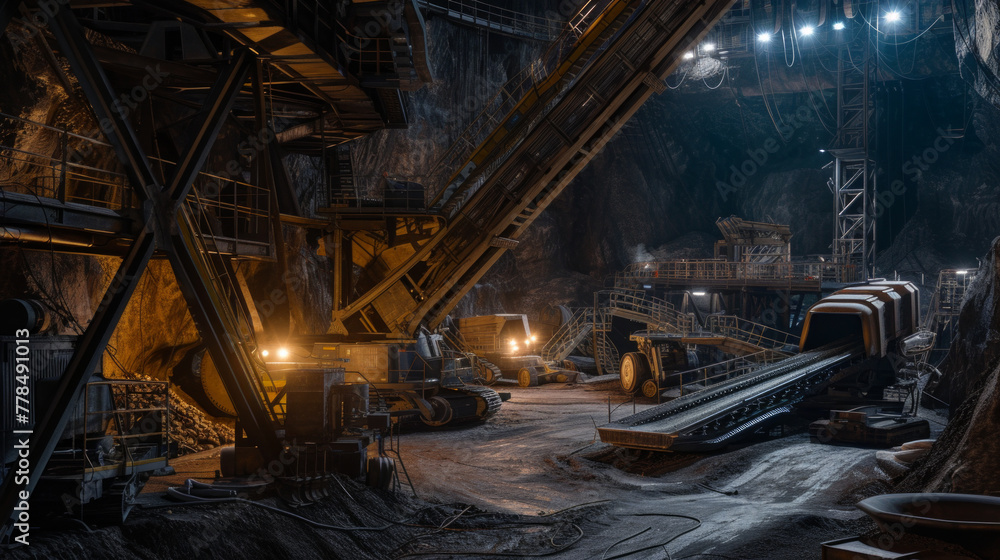 A mining operation with heavy machinery and conveyor systems, temporarily paused but ready to extract valuable minerals from the earth A mining operation with heavy machinery and conveyor systems, temporarily paused but ready to extract valuable minerals from the earth