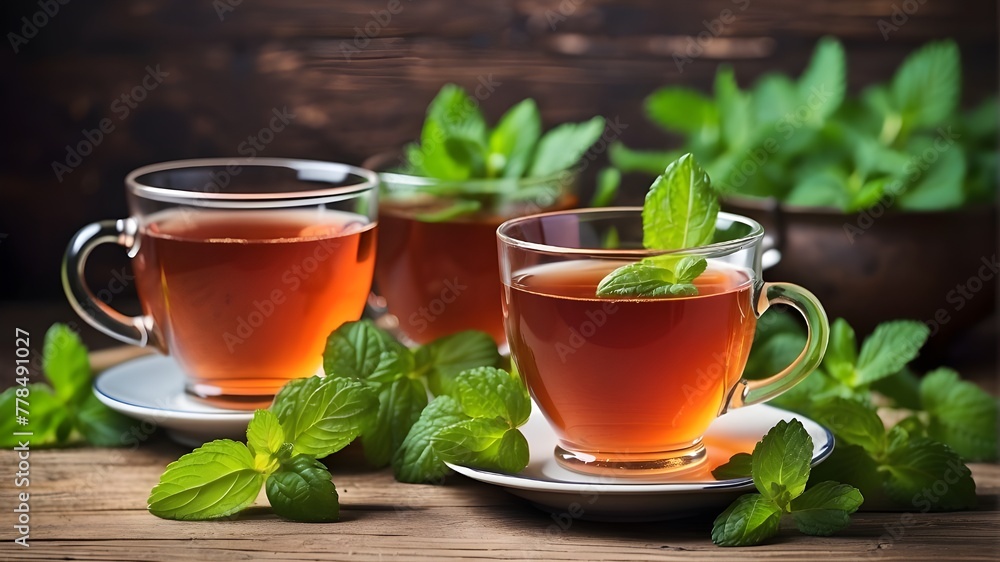 teacups with mint on a wooden table. teacups with mint on a wooden table.