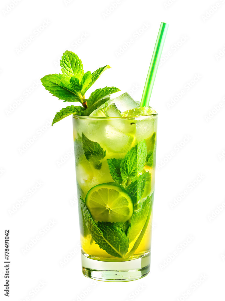 A glass of mojito cocktail with lime and mint isolated on a transparent background. A glass of mojito cocktail with lime and mint isolated on a transparent background.