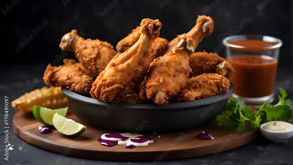Delicious fried chicken wings on a dark background with sauces and dips - fast food menu