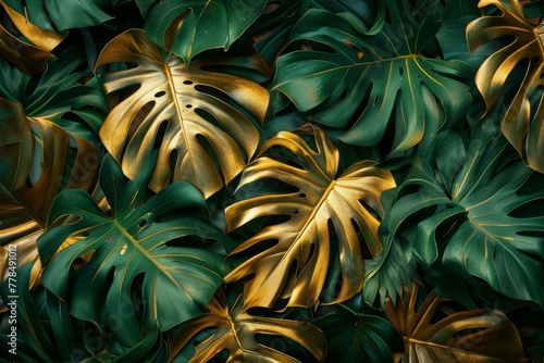 Luxurious Gold and Green Monstera Leaf Pattern, Abstract Nature Wallpaper photo